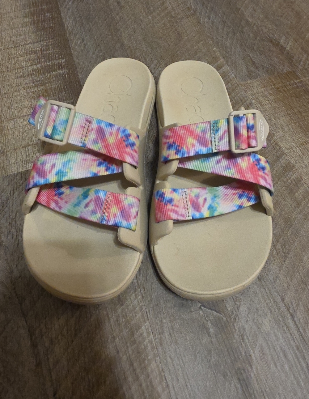 Chaco Womenss Sandals with Multicolor Tie-Dye Straps and Cream Footbed